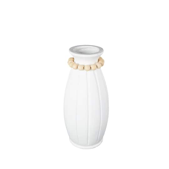 20" White Magnesium Oxide Decorative Vase with Light Brown Beads & Carved Grooves